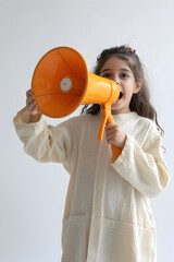 Happy Girl Talking into Orange Megaphone Against White Studio Background
