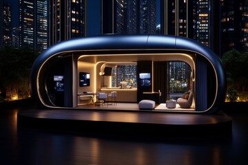 Futuristic depiction of a minimalist home in a smart city, with only essential, high-tech furnishings and devices displayed, symbolizing the future of essentialism in design and living
