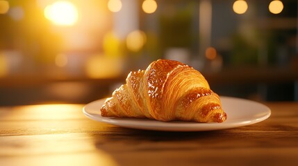 Fresh, golden croissant on a white plate, warm sunlight glowing in the background, perfect for breakfast or brunch.