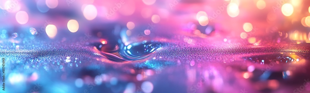 Poster a close-up view of colorful, iridescent water droplets reflecting vibrant light patterns in soft hue
