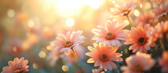 Sunlit Peach-colored Flowers in a Field.
