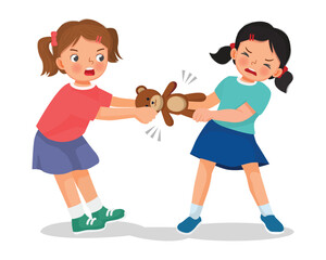 Two cute little girls fighting over a doll toy