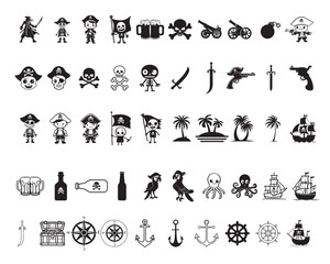 Fototapeta premium Collection of Pirate Clipart Design - Pirate Vector illustration in black and white