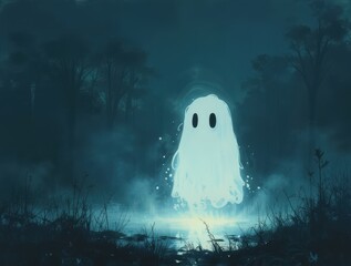 Glowing ghost in an oil painting style illustration, featuring ethereal light and textured brush strokes. The ghost emits a soft, otherworldly glow
