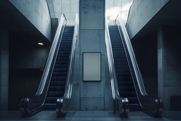Minimalist Concrete Escalator Passage with Empty Poster