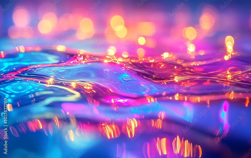 Poster a colorful and abstract close-up of water with vibrant, swirling reflections of light creating a dre