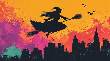 Fototapeta premium Witch Flying Over Cityscape at Sunset 
