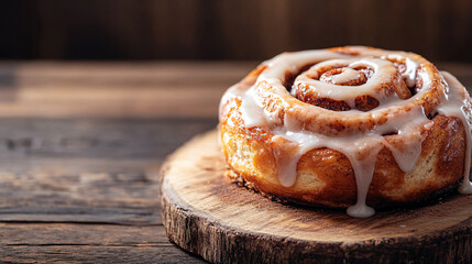 delicious glazed cinnamon roll on wooden board  - closeup  - bakery, food, sweet, dessert