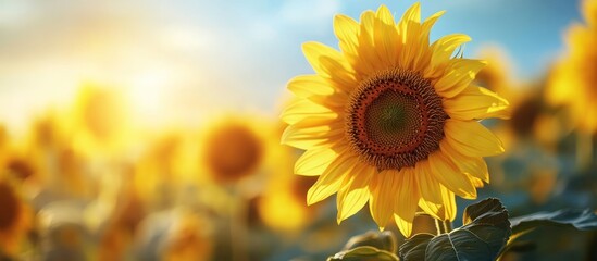 Obraz premium A close-up of a bright yellow sunflower in a field, facing the sun.