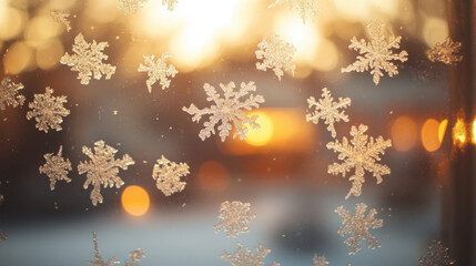 Close-up of snowflakes on a windowpane with a warm, glowing interior in the background