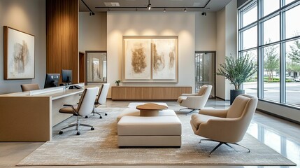 Modern Office Lobby with Reception Desk, Seating, and Artwork