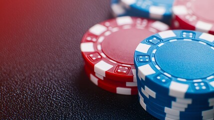 Close-up of colorful poker chips stacked on a dark table, ideal for gaming and casino themes.