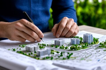 Fototapeta premium Hyper-realistic close-up of an urban planner's hands reviewing blueprints and zoning maps with intricate details, representing the precision and care in urban planning