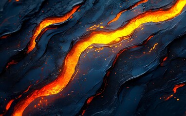 The image features glowing lava flowing in intricate patterns against a dark, textured surface, showcasing the beauty of volcanic activity.