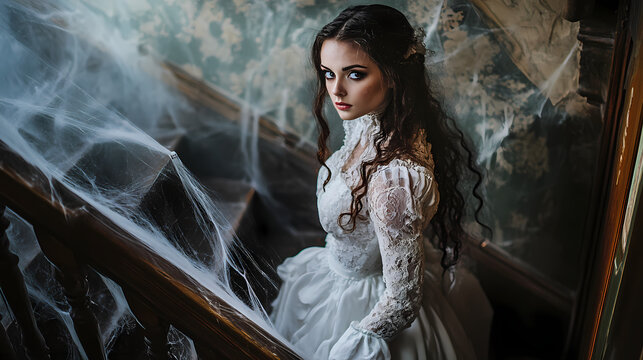 A Victorian ghost bride standing on a staircase with cobwebs.