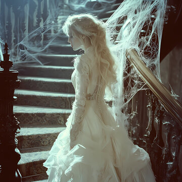 A Victorian ghost bride standing on a staircase with cobwebs.