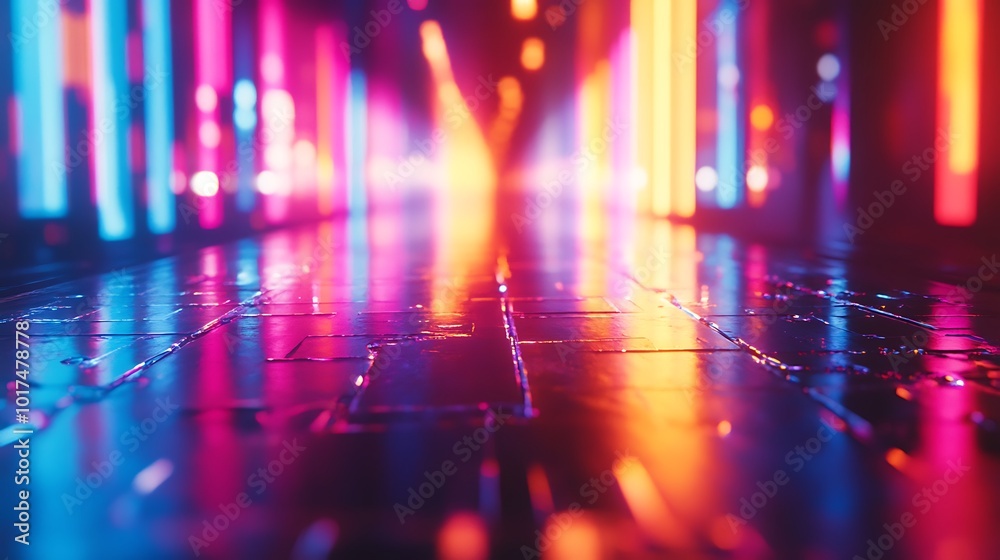 Fototapete a vibrant pathway illuminated by colorful neon lights reflecting on a glossy surface, creating a fut