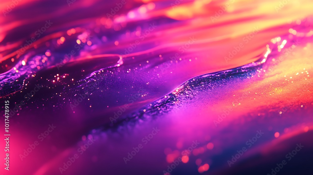 Poster a vibrant blend of purple and orange hues flows like liquid, creating an abstract, ethereal ocean-li