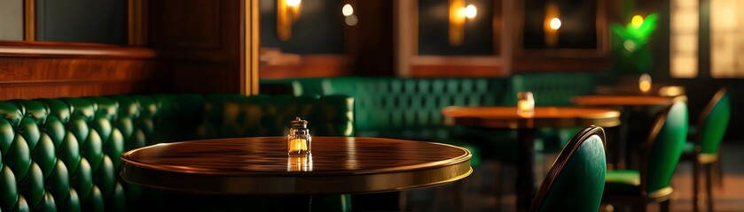 Fototapeta premium Elegant bar interior with wooden tables and green leather seating, softly lit ambiance, perfect for social gatherings.
