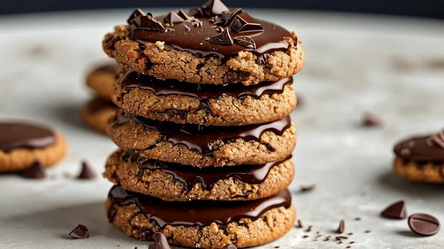 A stack of five chocolate-covered cookies sits on a white surface, ready to be enjoyed