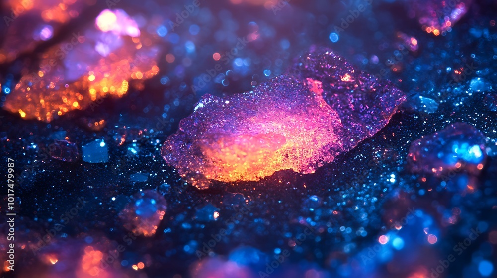 Aufkleber a vibrant close-up of colorful crystalline structures shimmering with hues of purple, orange, and bl