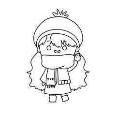 A girl in a winter hat and scarf is waving