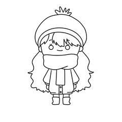 A girl in a winter hat and scarf is standing in the snow