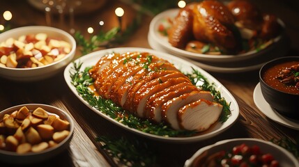 Deliciously prepared roasted turkey breast garnished with herbs, served with assorted sides on a wooden table.