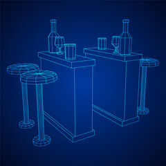 Bar counter with stools, bar top with bottles and glasses. Wireframe low poly mesh vector illustration.