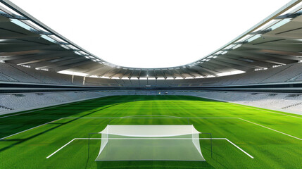 Fototapeta premium Soccer stadium with green field and white seats filled with cheering fans.