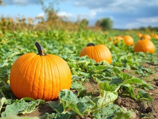 Vibrant orange pumpkins in a field