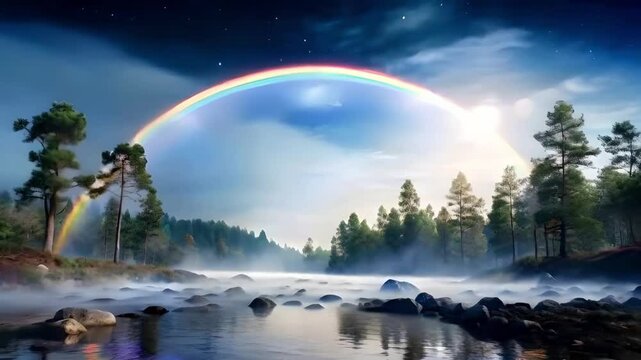 A peaceful night scene of a moonbow arching over a dense, quiet forest, with faint colors glowing in the misty atmosphere, illuminated solely by moonlight.
