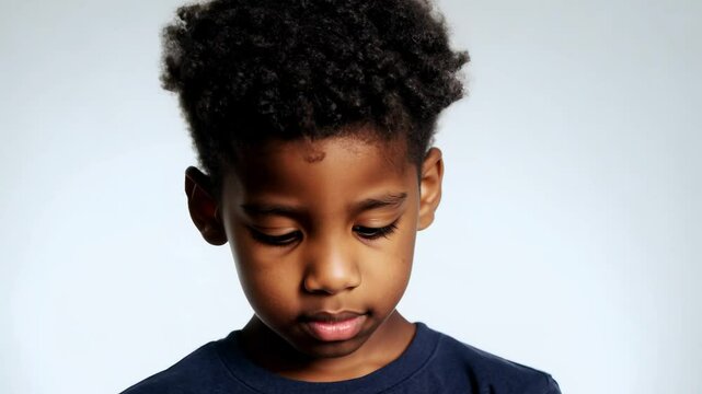 Curious black boy with curly hair in a static close-up video, dramatic side lighting, minimalist white background