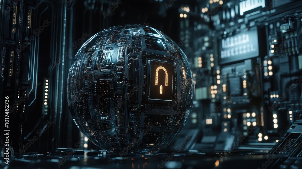 Poster a futuristic, illuminated sphere with circuit-like patterns in a high-tech environment.