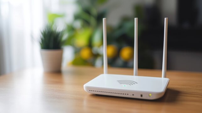 New white Wi-Fi router placed on a wooden table indoors, representing modern wireless internet technology in a home environment