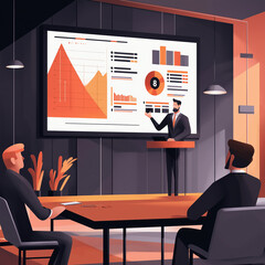 An investor pitch scene in a modern boardroom.