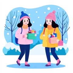 Fototapeta premium Two friends carrying gifts in winter setting.