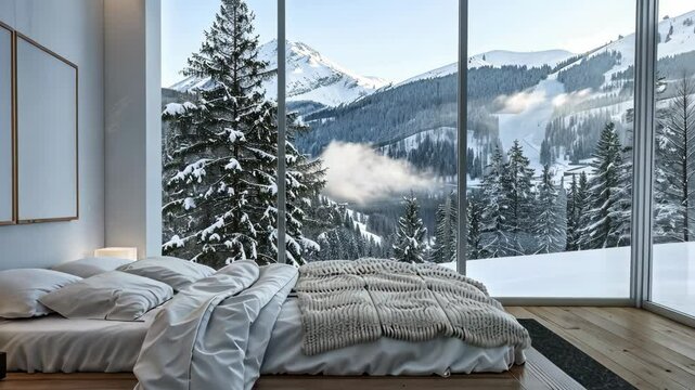 A bed with white linens and a fuzzy throw sits in front of a large window overlooking a snow-covered mountain landscape