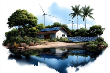Watercolor depiction of a clean energy farm, with wind turbines and solar panels blending into the natural landscape, representing tomorrow&acirc;&euro;&trade;s sustainable economy