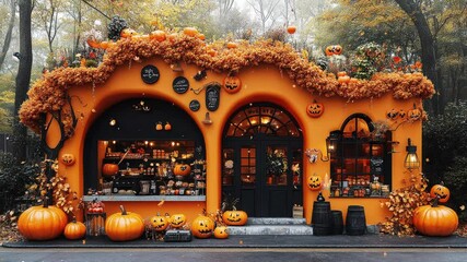 Explore the enchanting pumpkin shop nestled in a vibrant autumn forest with festive decorations and warm inviting charm