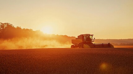 Fototapeta premium Red combine harvester working in a soybean field at sunset, the sun casting a golden glow over the autumn landscape, symbolizing agricultural harvest