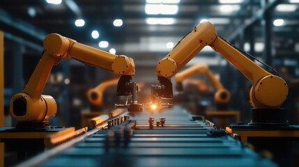 Robotic arms assembling parts in a factory production line, symbolizing artificial intelligence and automated manufacturing processes