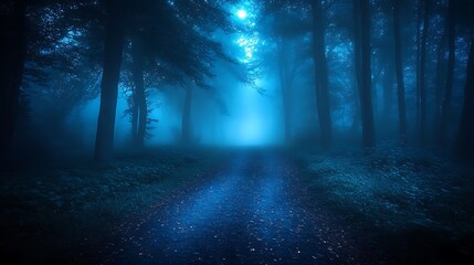 A path winds through a misty forest at night, illuminated by a bright moon.