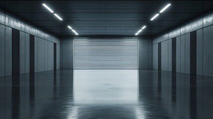 Obraz premium Roller shutter door in an industrial building, polished concrete floors reflecting light, creating a clean and professional atmosphere