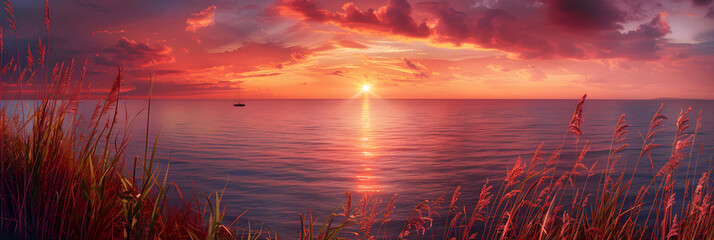 Fiery Sunset over Tranquil Sea: A Scene of Breathtaking Splendor
