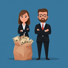 Business people with money bag, cartoon style