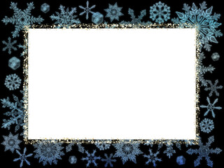 雪の結晶と金色のラインで形作られたゴージャスな長方形フレーム。クリスマスパーティや冬のイベント向けに。