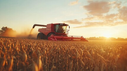 Obraz premium Soybean harvest in progress with a red combine harvester under a glowing autumn sunset, symbolizing farm work and productivity