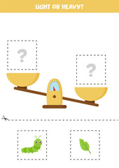 Light, heavy or equal. Educational worksheet with scales. Compare caterpillar and leaf.
