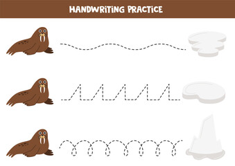 Tracing lines for kids. Cute walrus and ice floes. Handwriting practice for children.